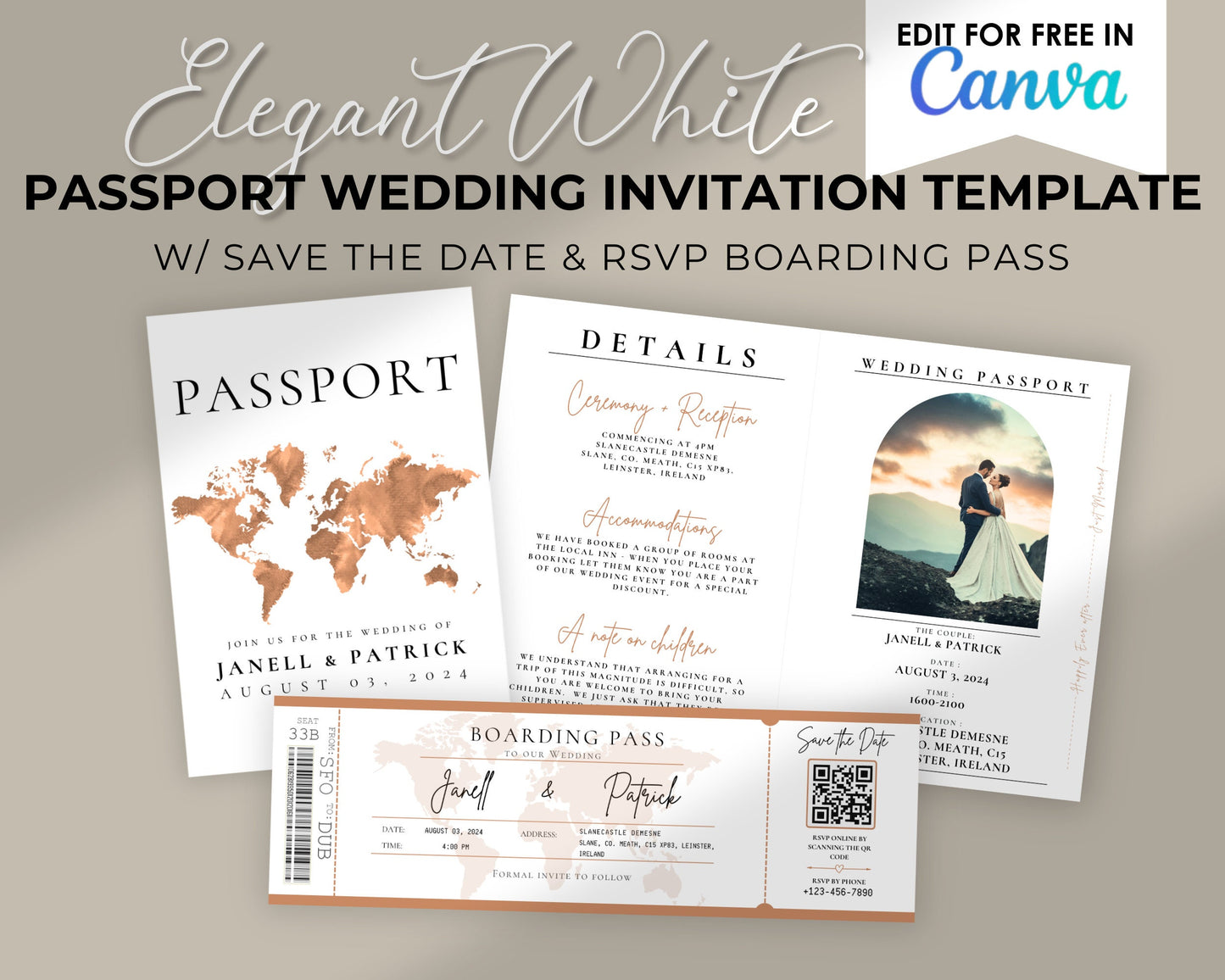 Passport Wedding Invitation Template, Fully Editable, Save the Date Boarding Pass with RSVP QR Code for Destination Wedding