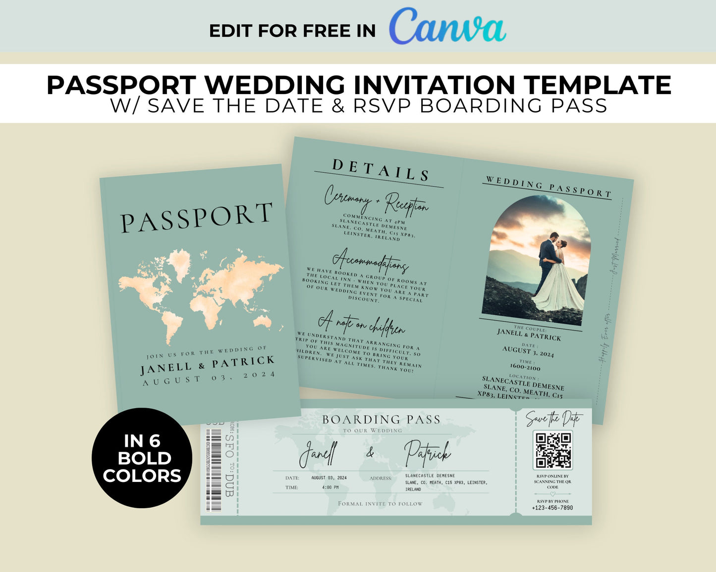 Passport Wedding Invitation Template, Fully Editable, Save the Date Boarding Pass with RSVP QR Code for Destination Wedding