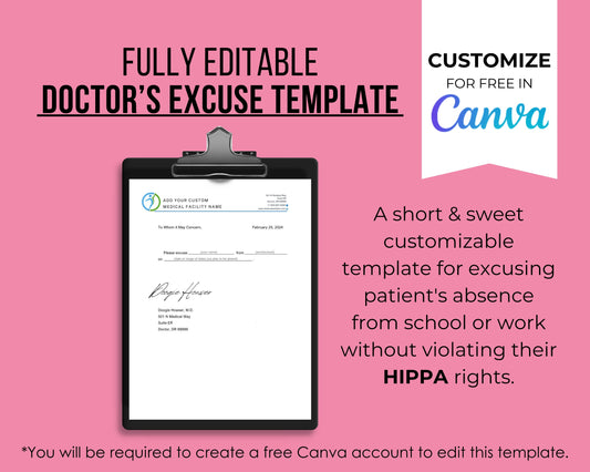 Editable Doctor's Excuse Template, Medical Excuse Note, Drs Note for Absence from School or Work