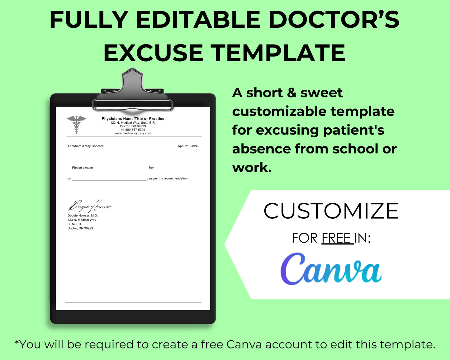 Editable Doctor's Excuse Template, Medical Excuse Note, Return To School or Work