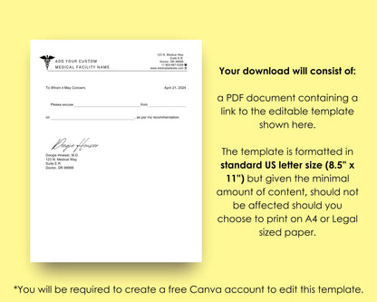Doctor's Excuse Note to Return to School, Printable and Editable Template, Medical Excuse for Work