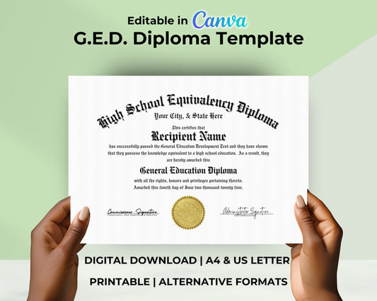 Editable GED Diploma Template, Printable High School Equivalency Diploma, Certificate Award Keepsake