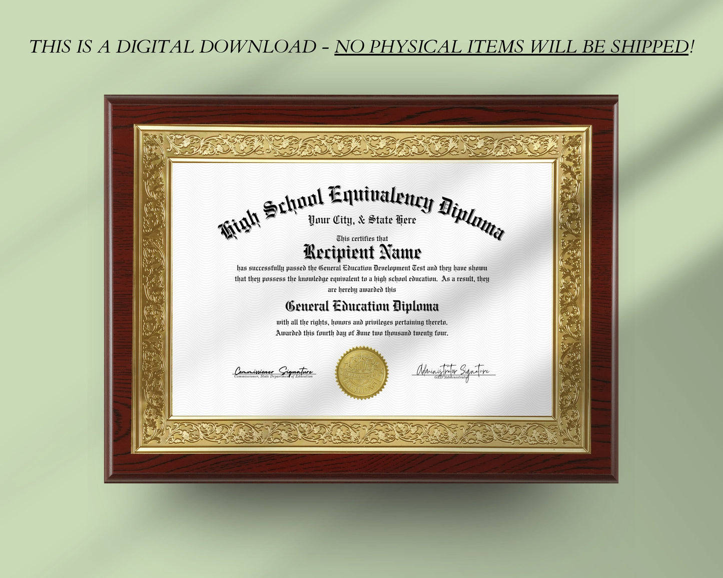 Editable GED Diploma Template, Printable High School Equivalency Diploma, Certificate Award Keepsake