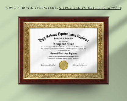 Editable GED Diploma Template, Printable High School Equivalency Diploma, Certificate Award Keepsake