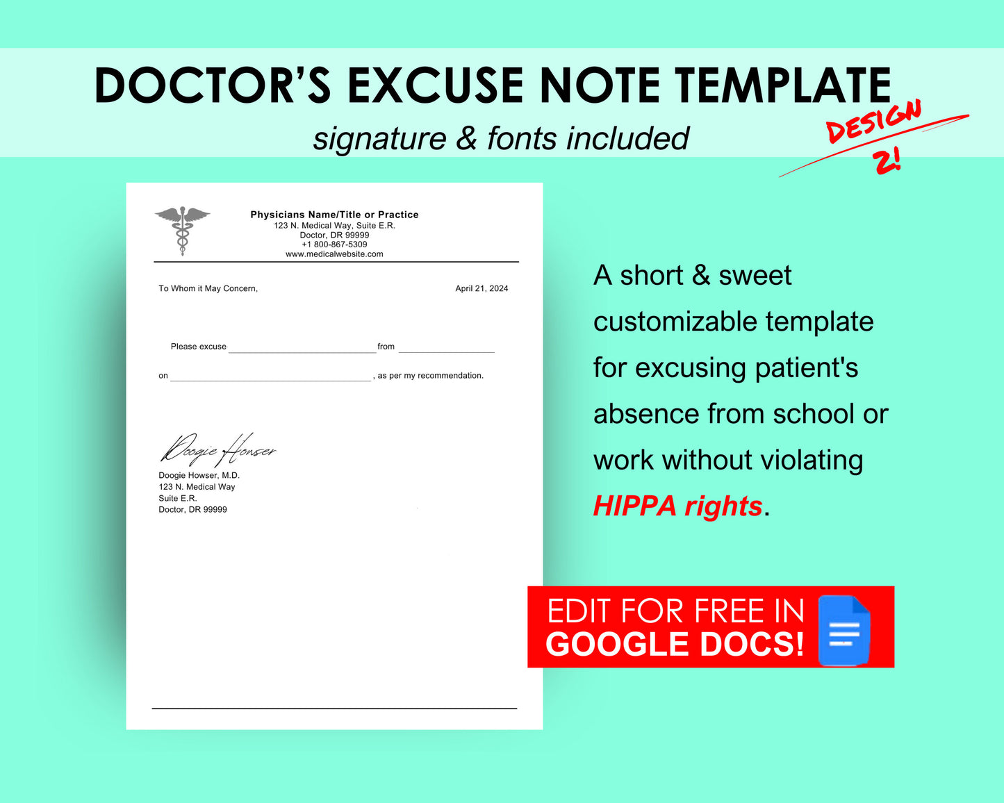 Editable Doctor's Excuse Template, Medical Excuse Note, Drs Note to Return to School or Work, Design 2