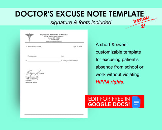 Editable Doctor's Excuse Template, Medical Excuse Note, Drs Note to Return to School or Work, Design 2