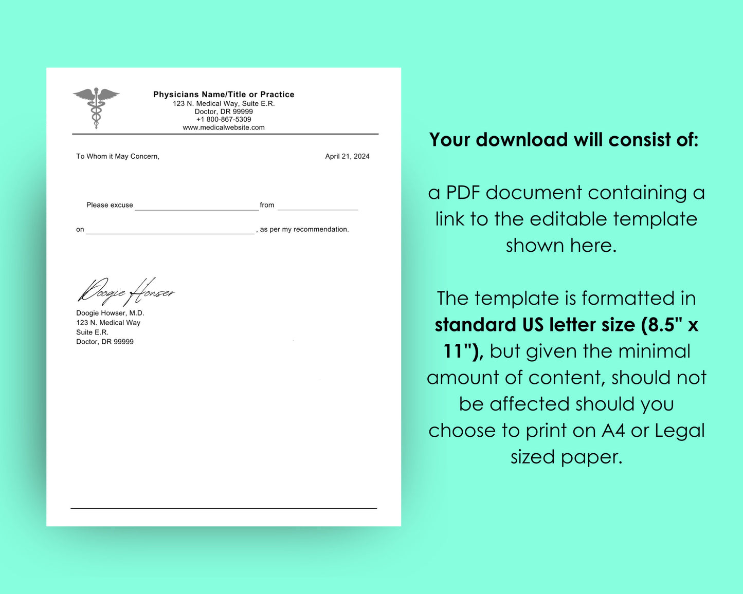 Editable Doctor's Excuse Template, Medical Excuse Note, Drs Note to Return to School or Work, Design 2