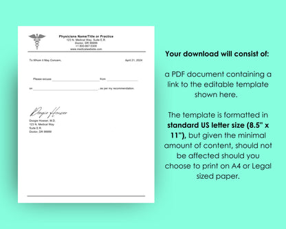 Editable Doctor's Excuse Template, Medical Excuse Note, Drs Note to Return to School or Work, Design 2