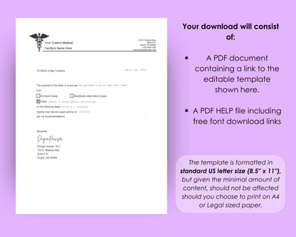 Doctor's Excuse Template,  Medical Excuse Note, Drs Note to Return to School or Work, Fillable PDF