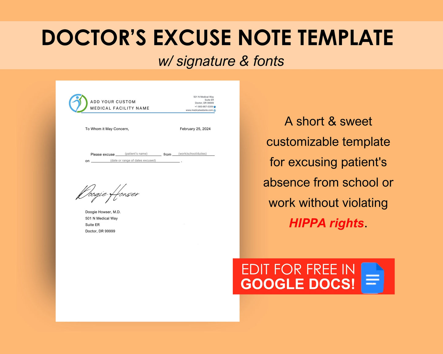 Editable Doctor's Excuse Template, Medical Excuse Note, Drs Note to Return to School or Work