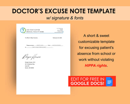 Editable Doctor's Excuse Template, Medical Excuse Note, Drs Note to Return to School or Work