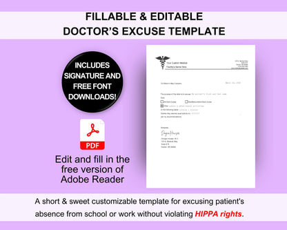 Doctor's Excuse Template,  Medical Excuse Note, Drs Note to Return to School or Work, Fillable PDF