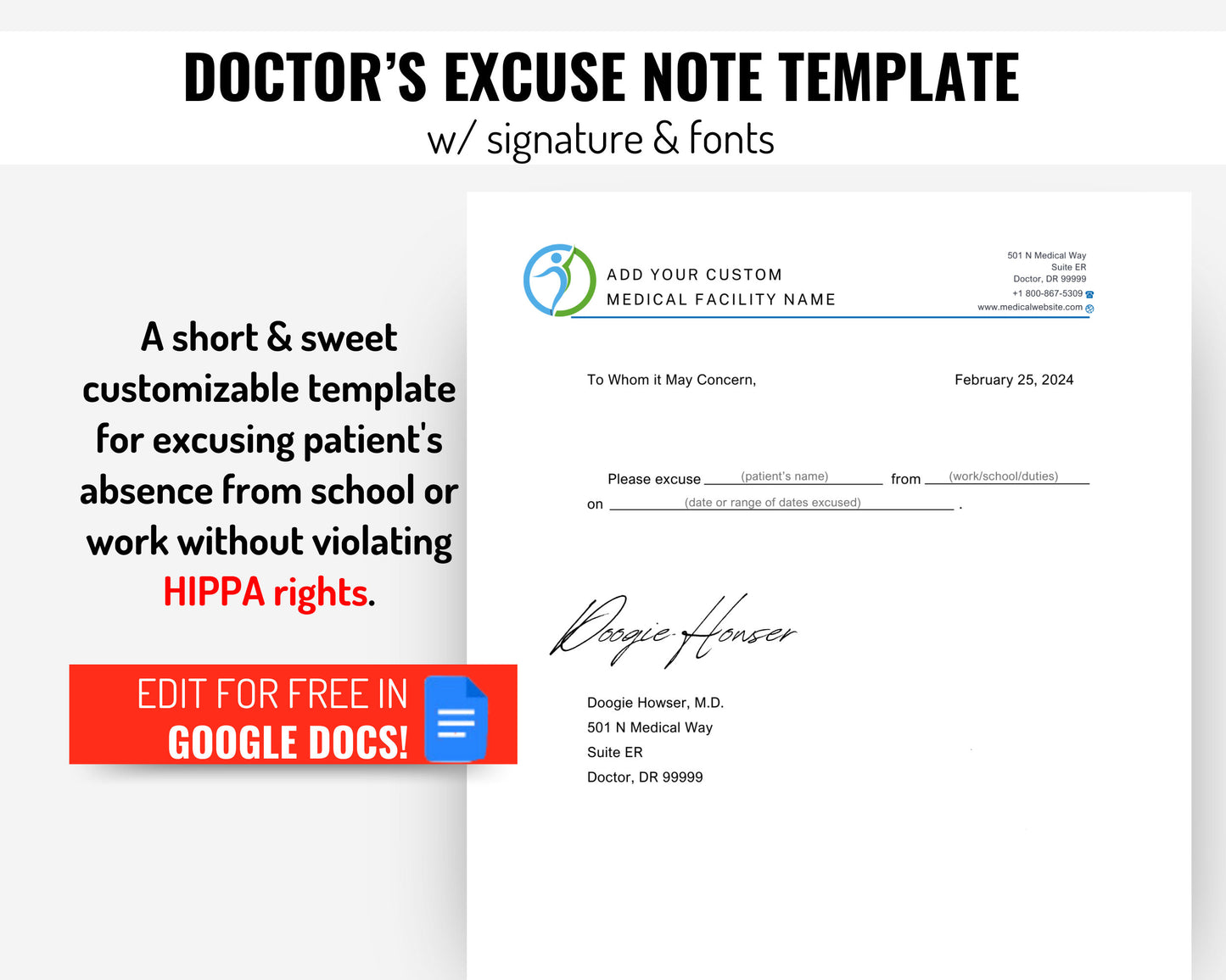 Editable Doctor's Excuse Template, Medical Excuse Note, Drs Note to Return to School or Work