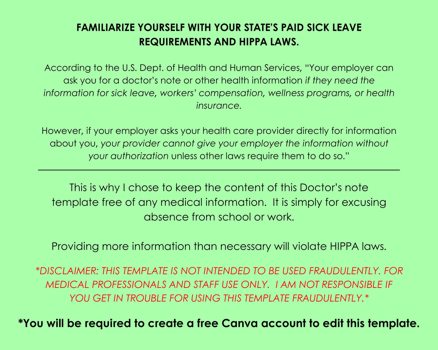 Editable Doctor's Excuse Template, Medical Excuse Note, Return To School or Work