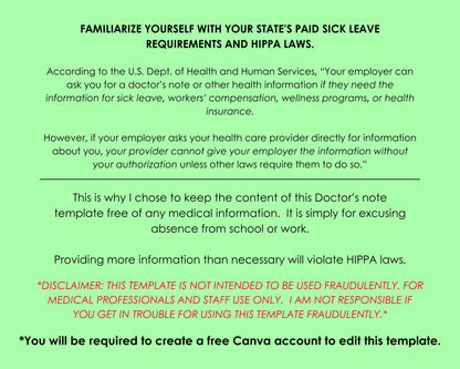 Editable Doctor's Excuse Template, Medical Excuse Note, Return To School or Work