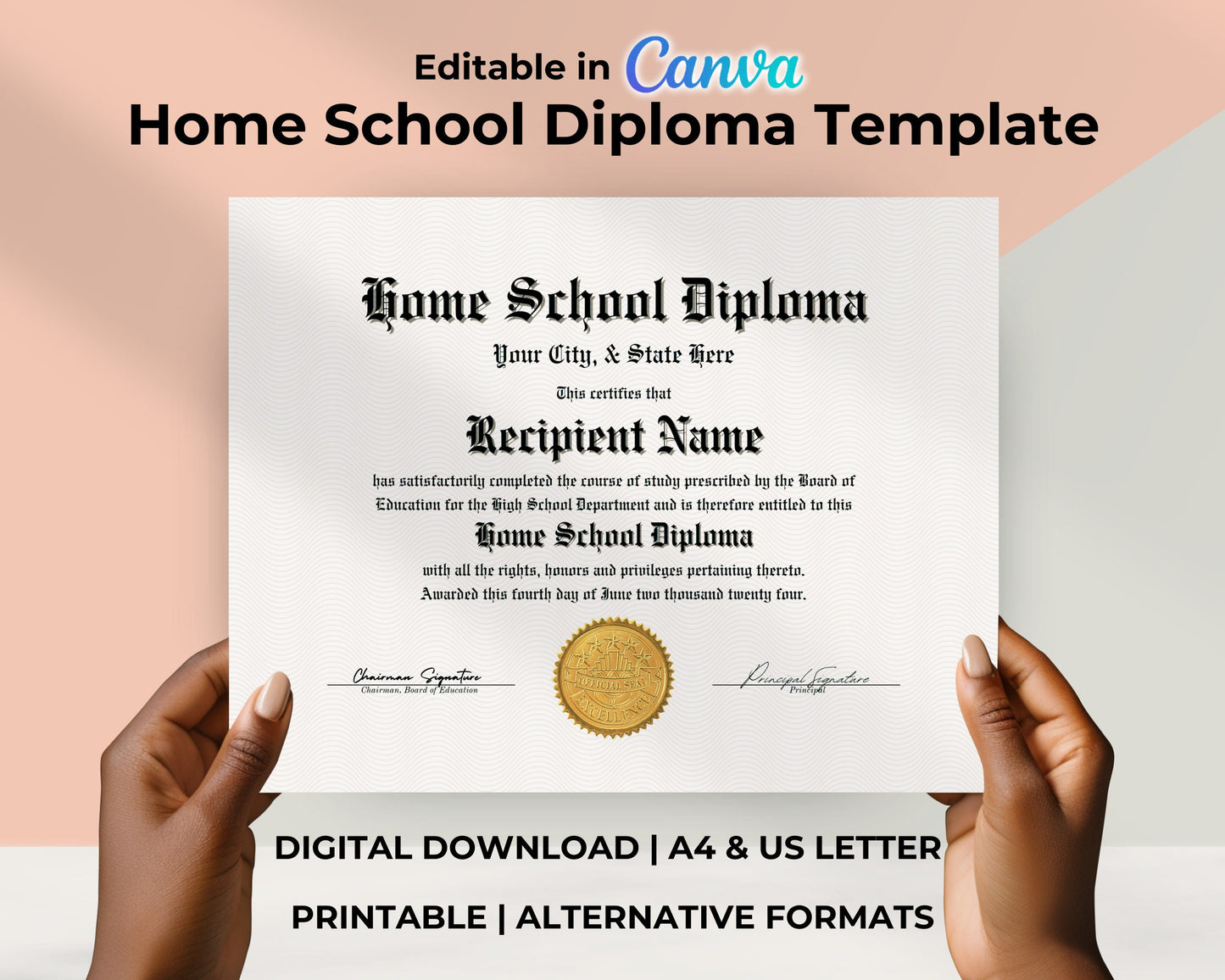 Editable Home School Diploma Template, Printable Homeschool Graduation Diploma, Certificate Award Keepsake