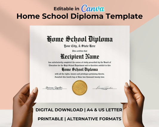 Editable Home School Diploma Template, Printable Homeschool Graduation Diploma, Certificate Award Keepsake