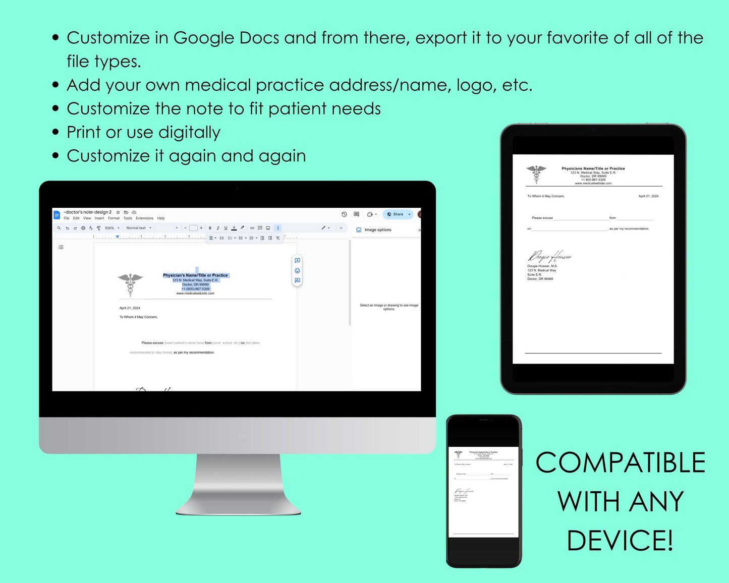 Editable Doctor's Excuse Template, Medical Excuse Note, Drs Note to Return to School or Work, Design 2