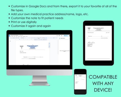 Editable Doctor's Excuse Template, Medical Excuse Note, Drs Note to Return to School or Work, Design 2