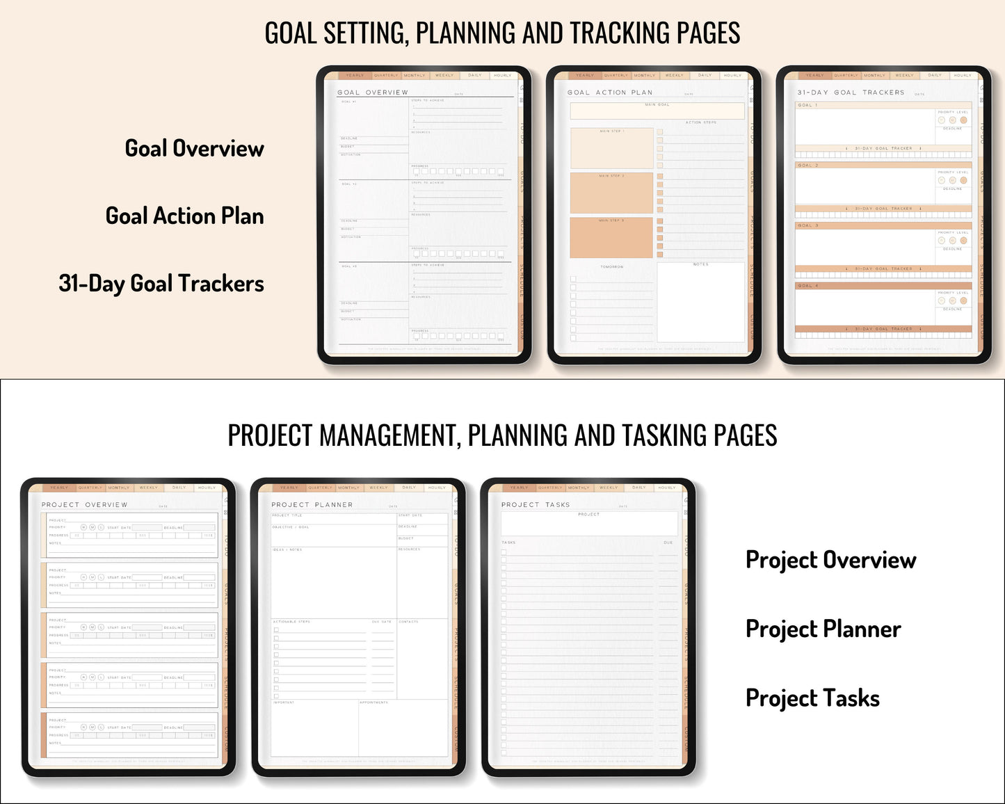 Basic Digital Planner, Hyperlinked Project Management Planner, Undated Digital Hourly Planner, Half Hour Planner for Any Device