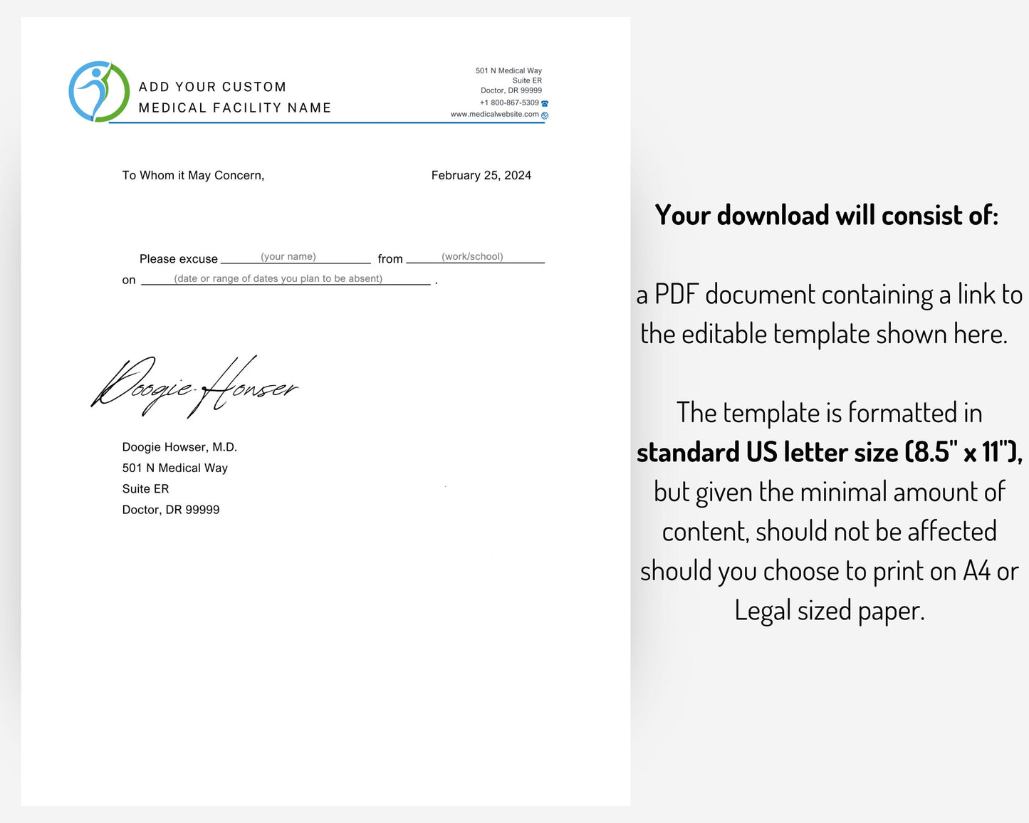 Editable Doctor's Excuse Template, Medical Excuse Note, Drs Note to Return to School or Work