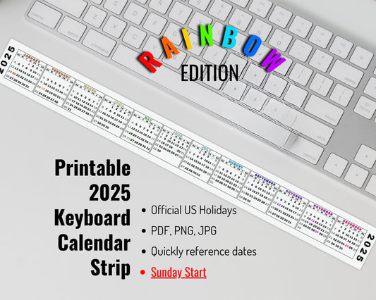 2025 Mini Printable Keyboard Calendar Strip, Sunday Start, Rainbow