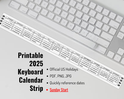 2025 Mini Printable Keyboard Calendar Strip, Sunday Start