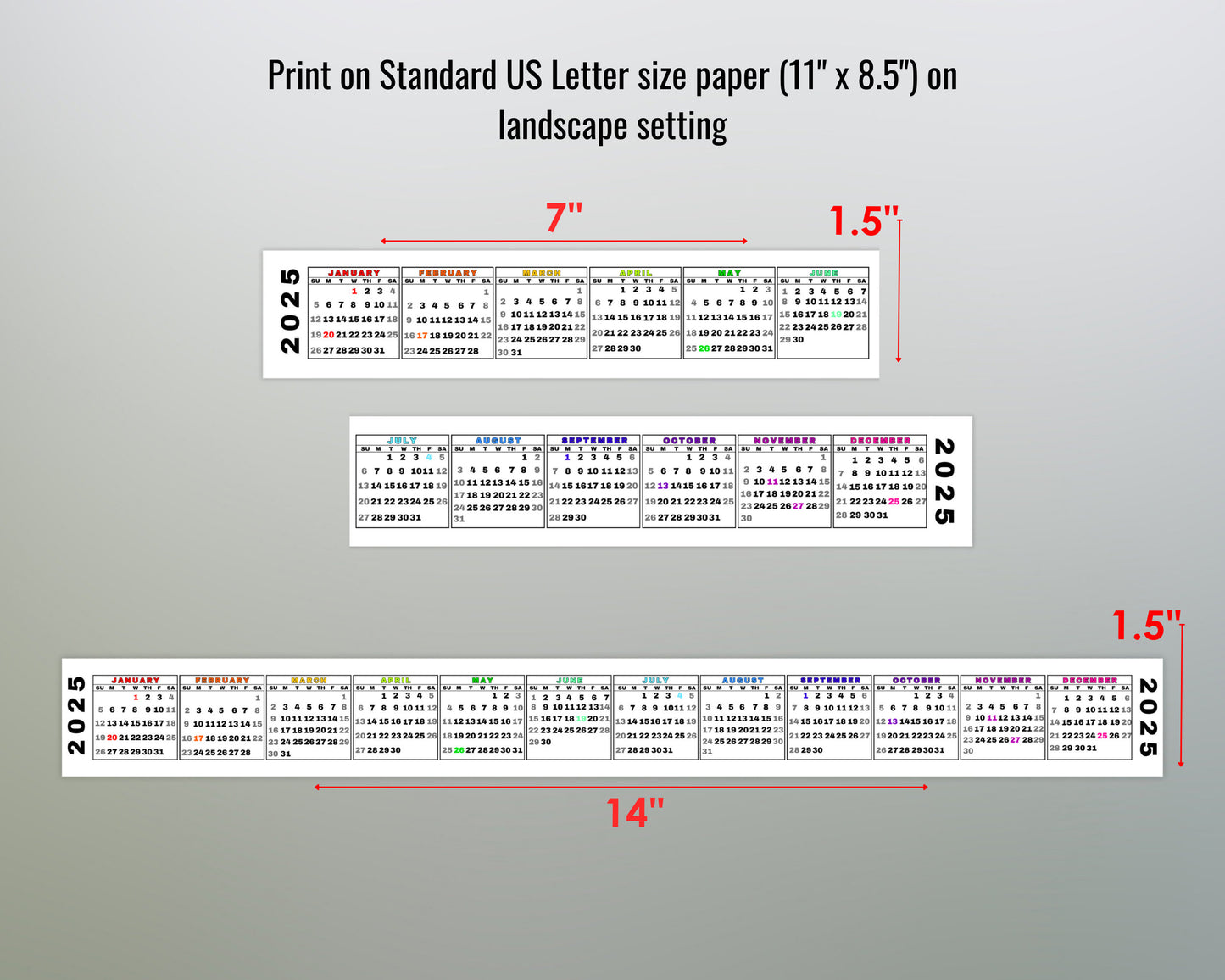 2025 Mini Printable Keyboard Calendar Strip, Sunday Start