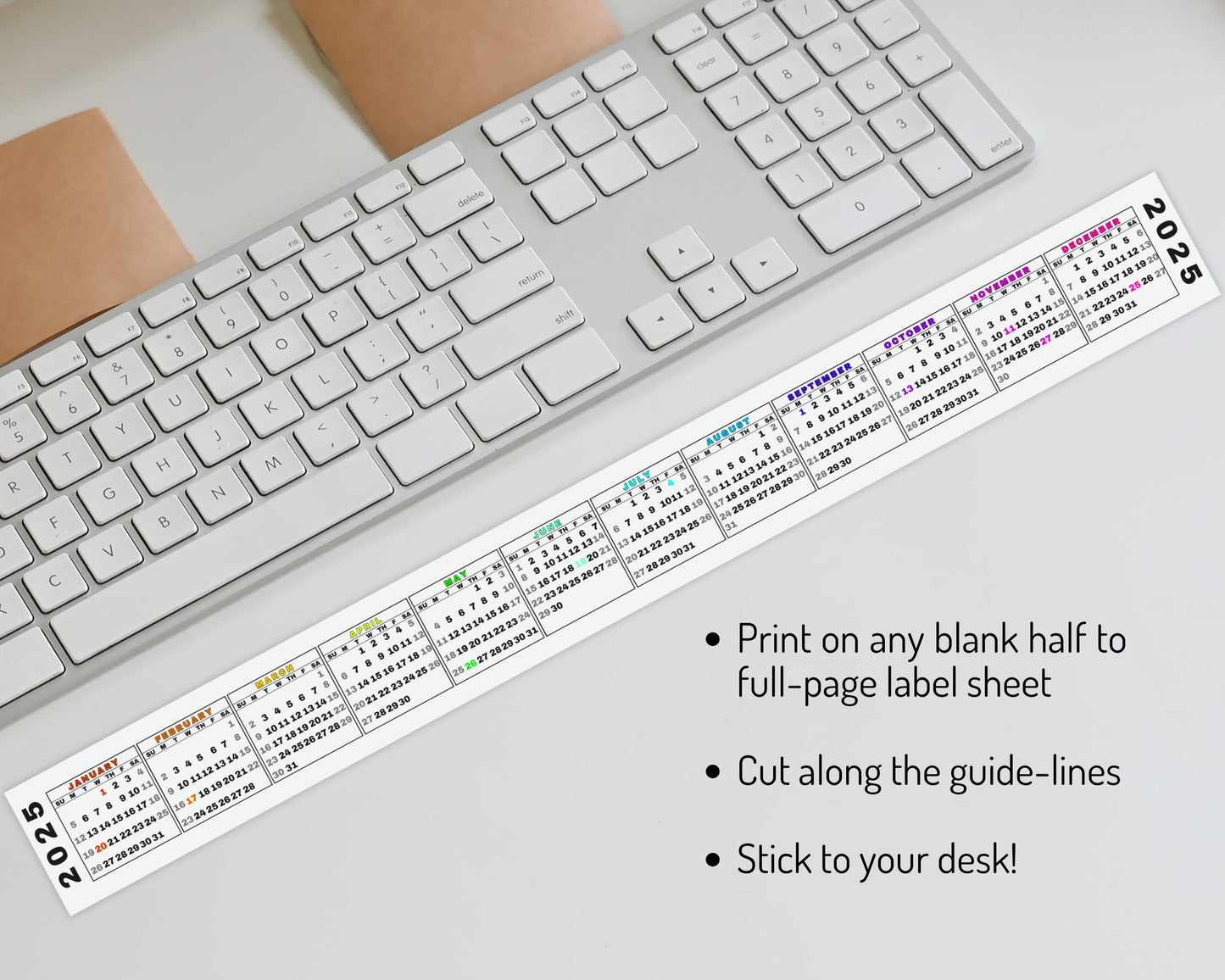 2025 Mini Printable Keyboard Calendar Strip, Monday Start, Rainbow