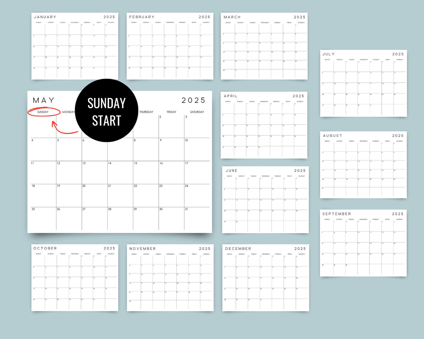 2025 Fillable & Printable Minimal Monthly Wall Calendar