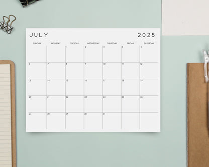 2025 Fillable & Printable Minimal Monthly Wall Calendar