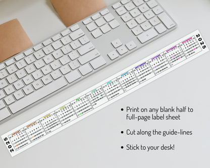 2025 Mini Printable Keyboard Calendar Strip, Sunday Start, Rainbow