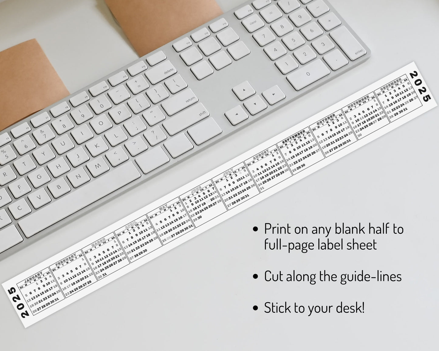 2025 Mini Printable Keyboard Calendar Strip, Sunday Start