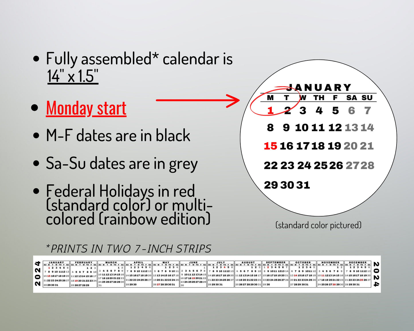 2025 Mini Printable Keyboard Calendar Strip, Monday Start, Rainbow