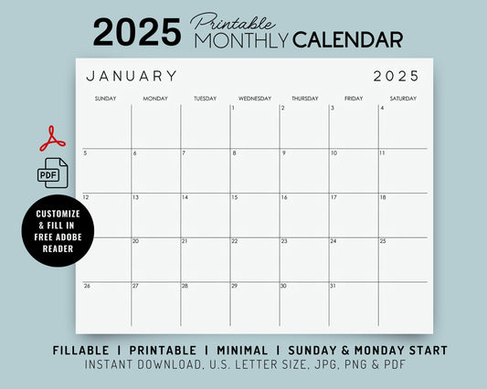 2025 Fillable & Printable Minimal Monthly Wall Calendar