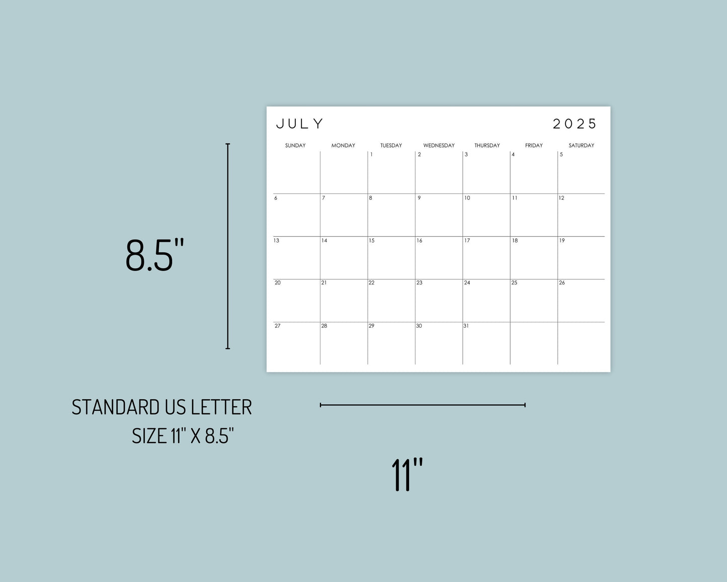 2025 Fillable & Printable Minimal Monthly Wall Calendar