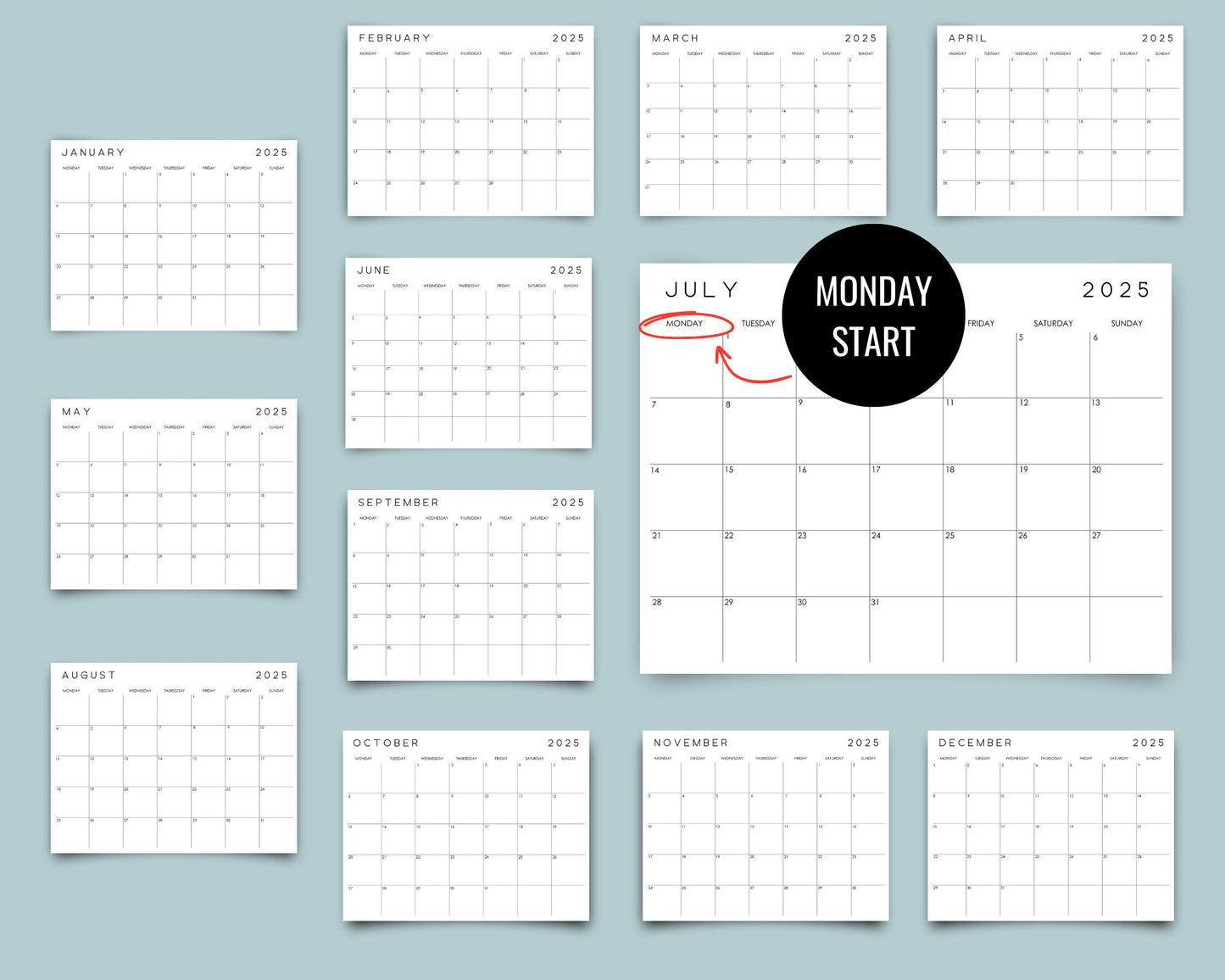 2025 Fillable & Printable Minimal Monthly Wall Calendar