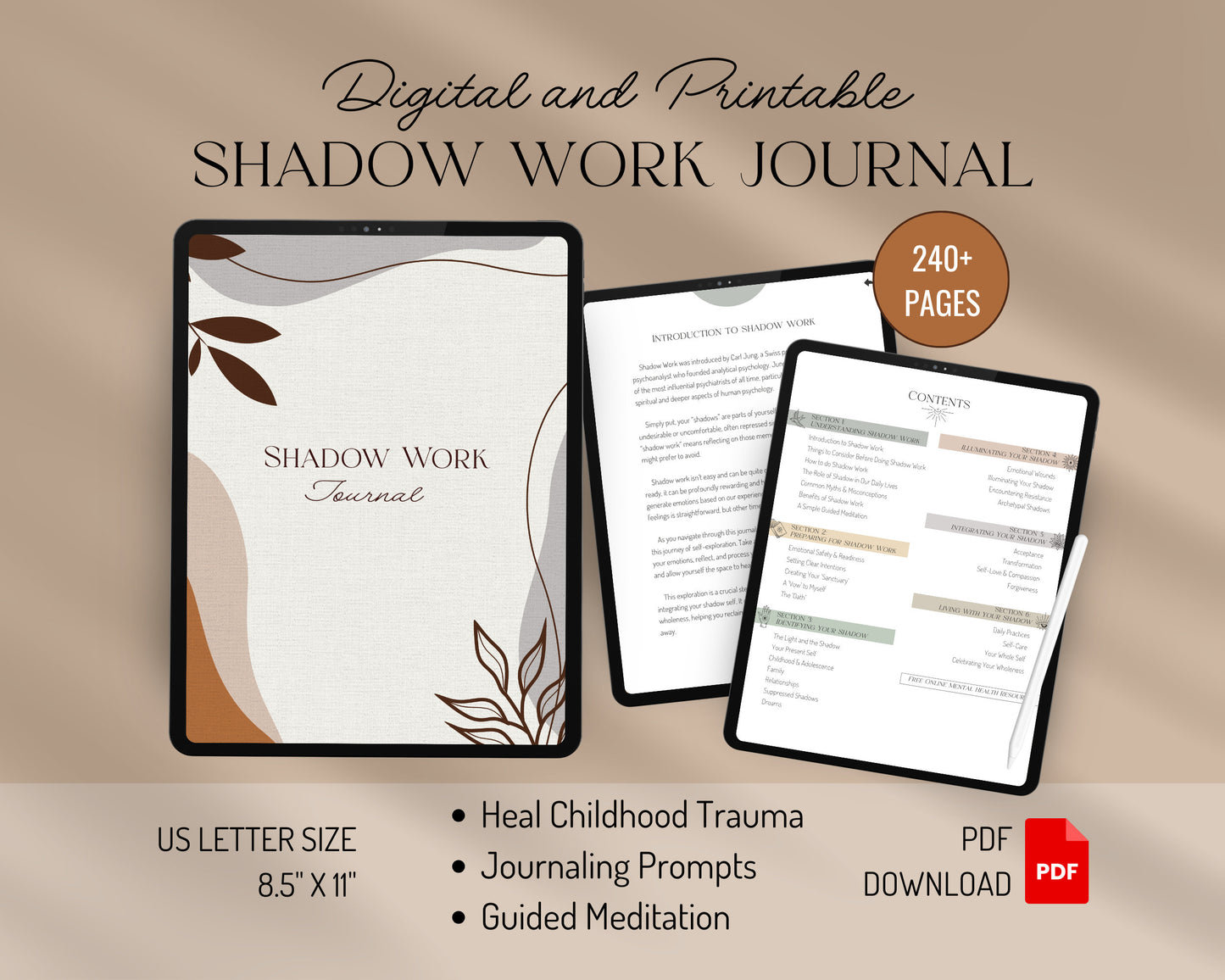 Digital Hyperlinked and Printable Shadow Work Journal with Journaling Prompts and Worksheets