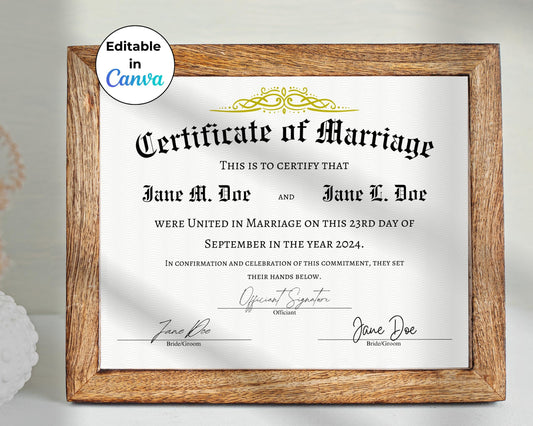 Editable Marriage Certificate Template, Printable Vow Renewal Certificate, Wedding Keepsake