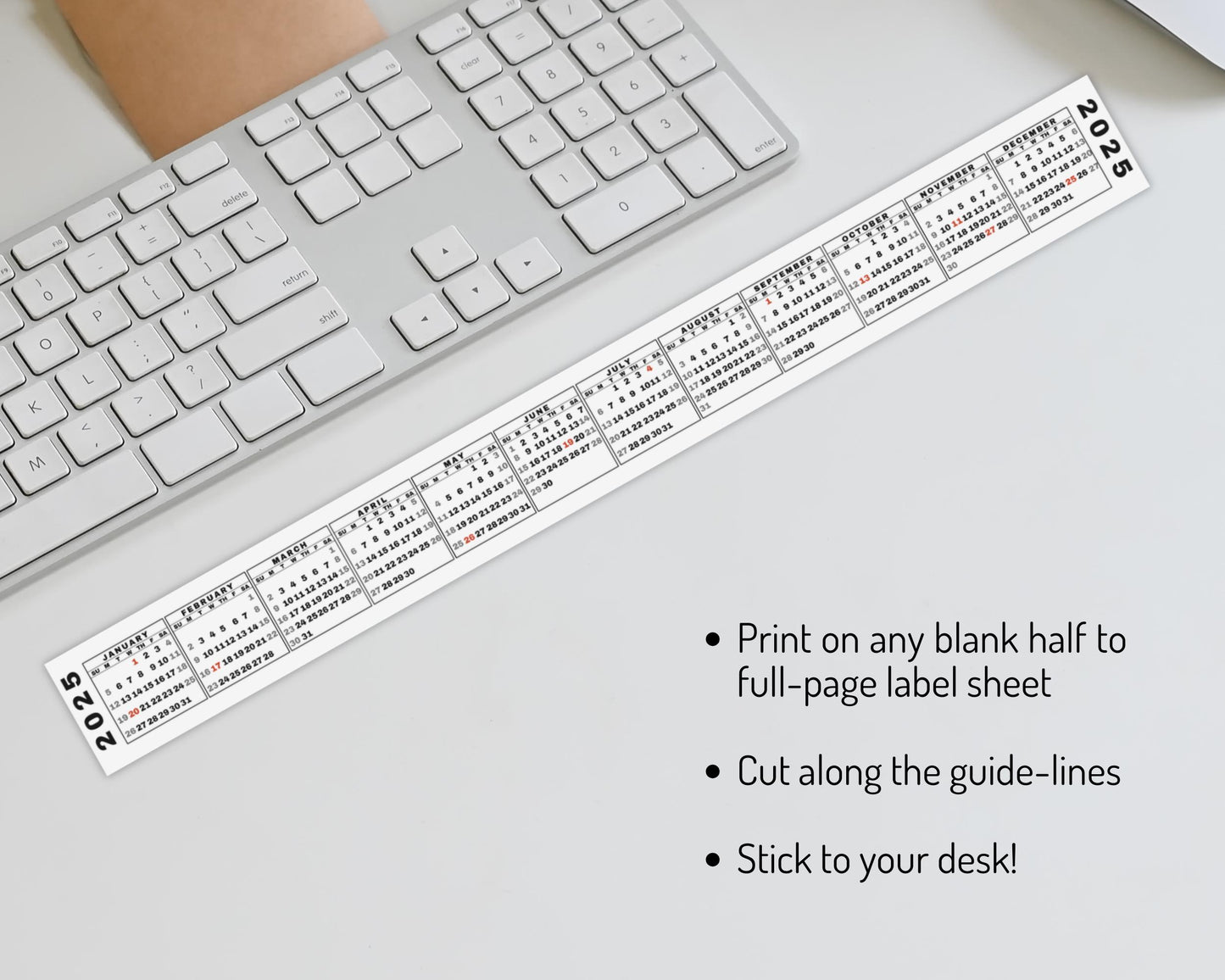 Desktop Calendar Strip, 2025 Mini Calendar, Printable Keyboard Calendar Sticker, 2024 Calendar Included, Sunday & Monday Start