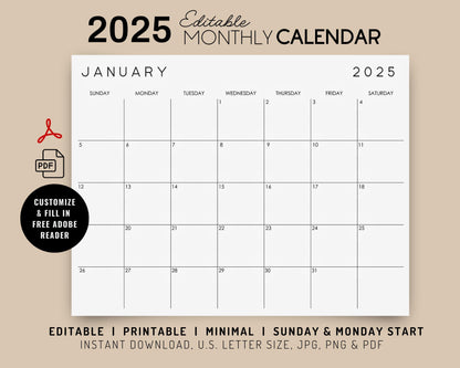 2025 Editable Monthly Wall Calendar Printable