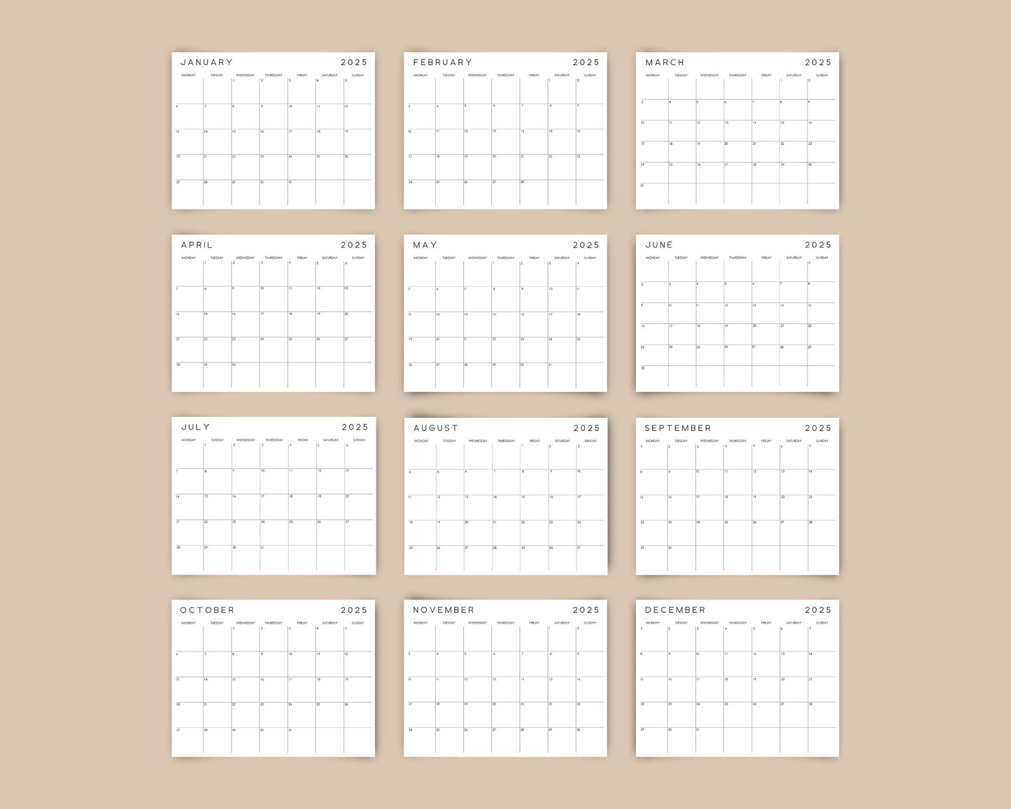 2025 Editable Monthly Wall Calendar Printable