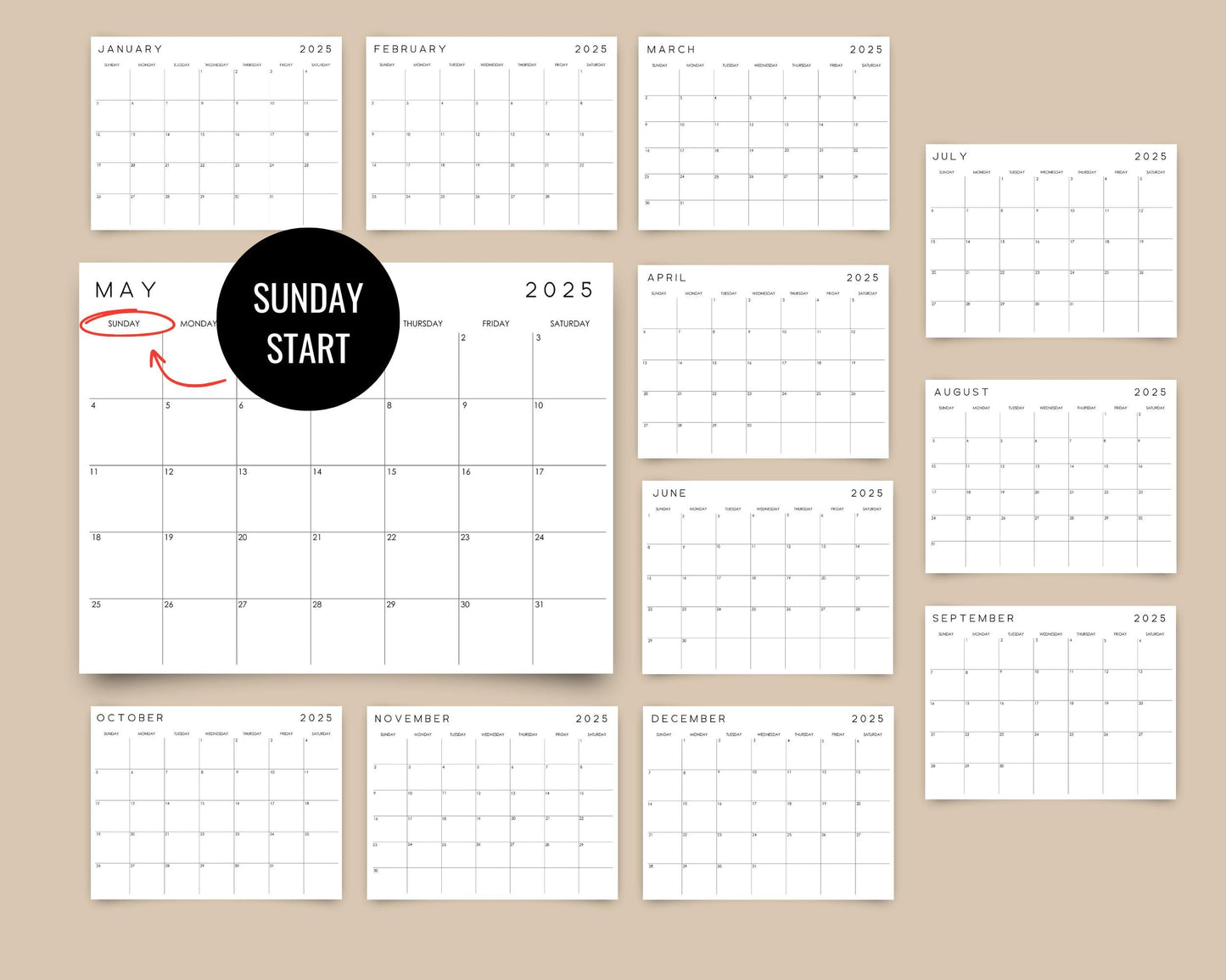 2025 Editable Monthly Wall Calendar Printable