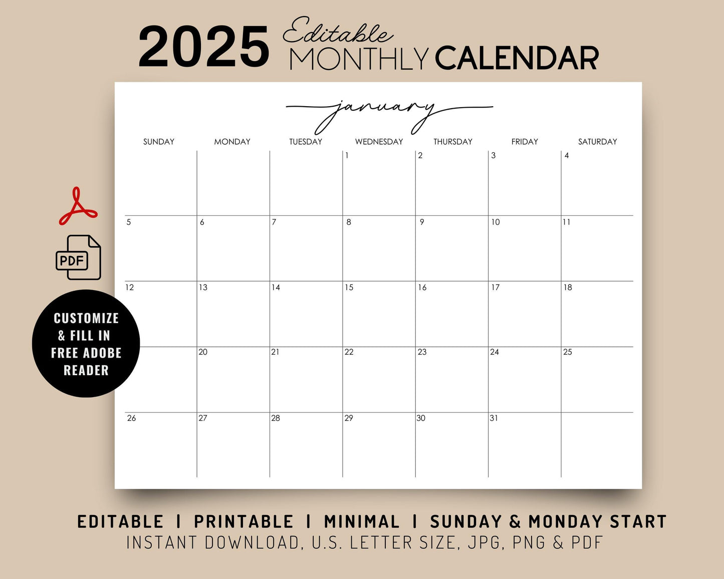 2025 Monthly Wall Calendar w/ Script Font, Minimal Calendar, Printable Calendar, Editable Wall Calendar 2025, Digital Download