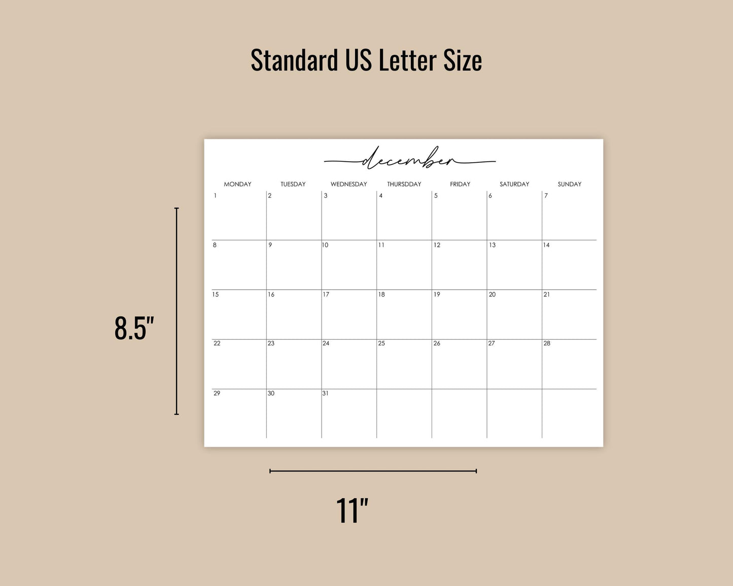 2025 Monthly Wall Calendar w/ Script Font, Minimal Calendar, Printable Calendar, Editable Wall Calendar 2025, Digital Download