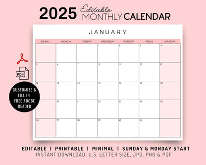 2025 Editable Monthly Calendar, Giant Wall Calendar, Yearly Calendar, Colorful Printable Calendar, Digital Download