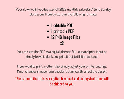 2025 Editable Monthly Calendar, Giant Wall Calendar, Yearly Calendar, Colorful Printable Calendar, Digital Download