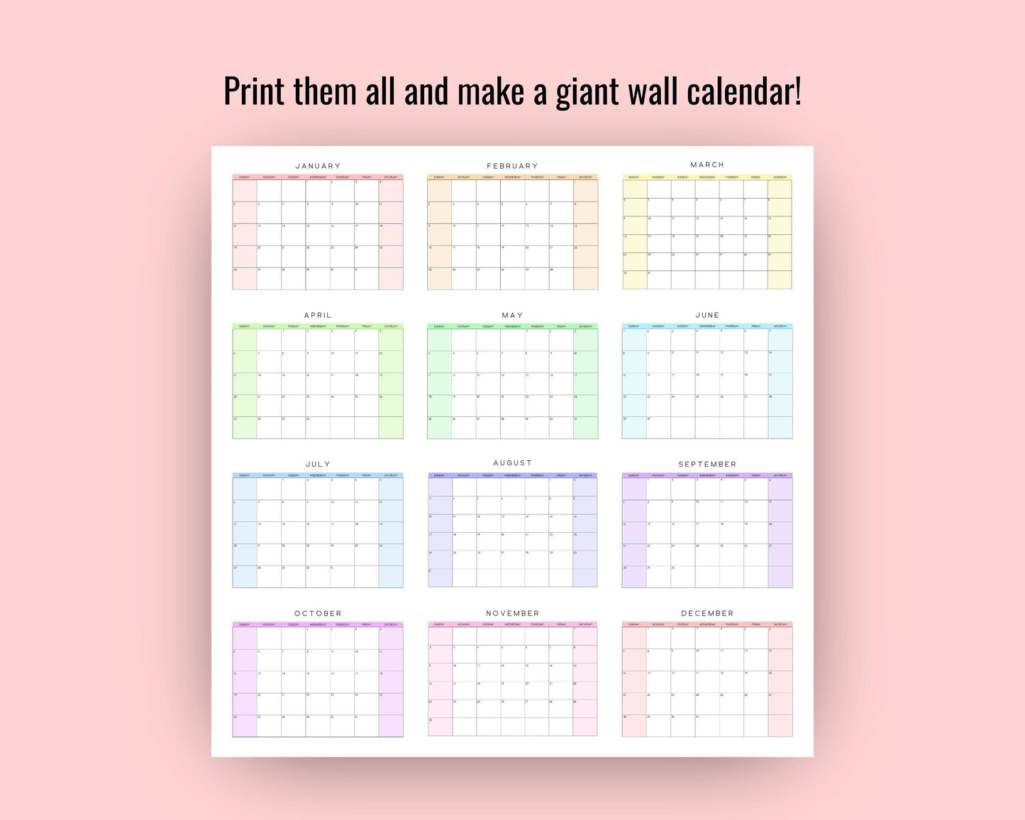 2025 Editable Monthly Calendar, Giant Wall Calendar, Yearly Calendar, Colorful Printable Calendar, Digital Download