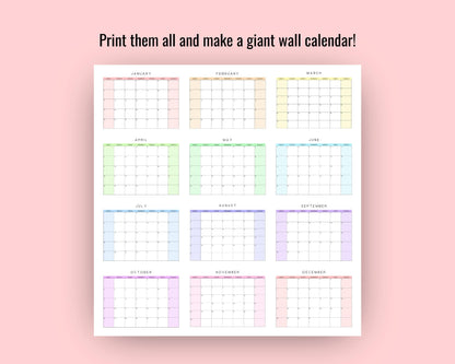 2025 Editable Monthly Calendar, Giant Wall Calendar, Yearly Calendar, Colorful Printable Calendar, Digital Download