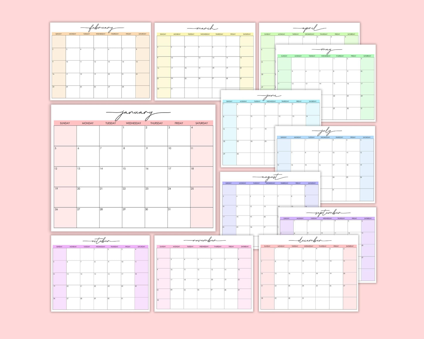 2025 Editable Monthly Calendar w/ Script Font, Giant Wall Calendar, Yearly Calendar, Colorful Printable Calendar, Digital Download